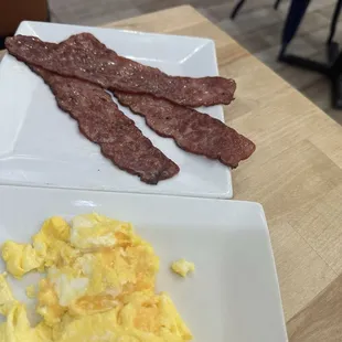 Some turkey bacon and scrambled eggs