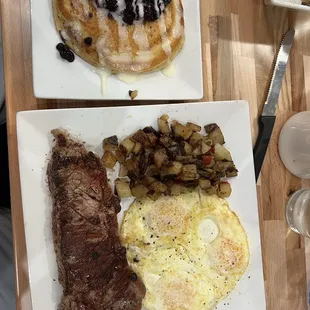 Steak and Eggs, and Blueberry Pancake