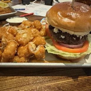 the bleu cue with garlic tots