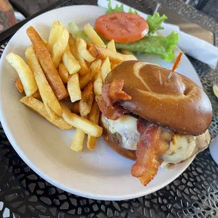 Bourbon bacon burger and fries on special