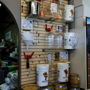a variety of barrels and buckets