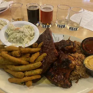 Backyard sampler with fried green beans and dill and horseradish coleslaw