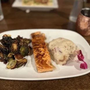 Bourbon Glazed Salmon with brussel sprouts and mashed potatoes