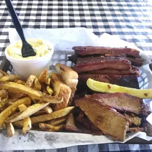 2 meats, 2 sides.  Ribs and Brisket