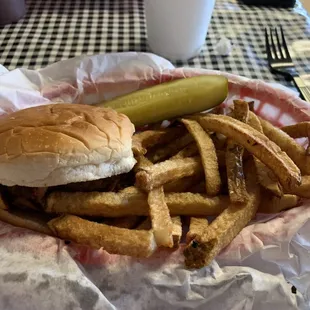 Regular pulled pork sandwich, pickle, &amp; fries