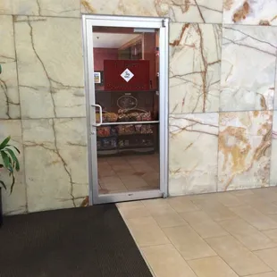 the entrance to the coffee house