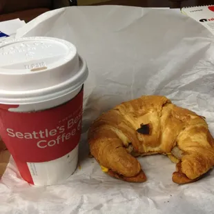 Sausage-Cheese croissant &amp; hot chocolate.