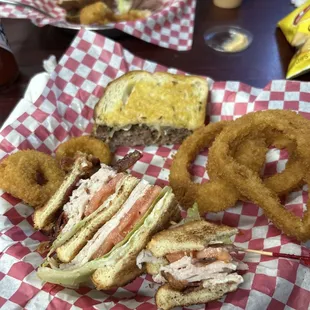 Patty melt, club, onion rings