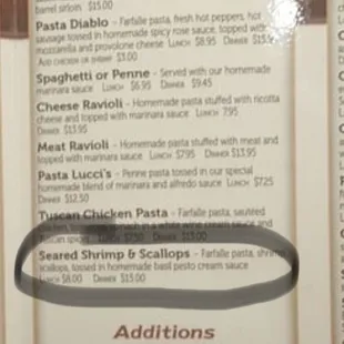 Photo of menu saying lunch portions available &amp; circle around what I ordered at noon. I was charged full dinner price. Not cool!