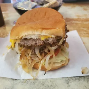 Double deluxe with fried onions.