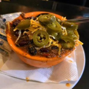 Their amazing chili with a lot of jalapeños on top!!!