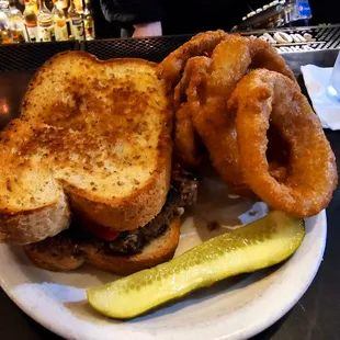 Meatloaf Sandwich with a side of onion rings