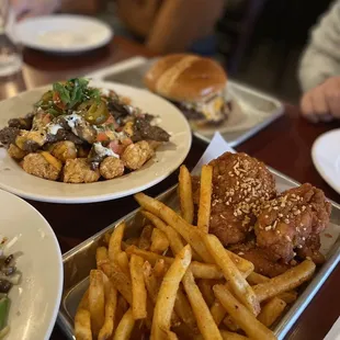 Bulgogi loaded tots, honey siracha chicken tenders w/ fries, smashed burgers