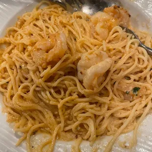 Shrimp and Angel hair pasta in a Lobster Romano sauce