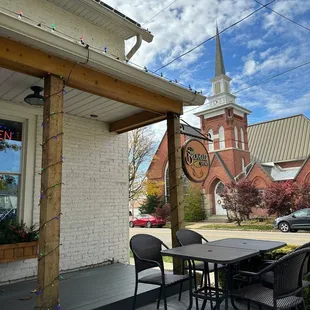 Outdoor Patio with view of church