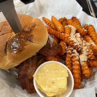 Bourbon burger with sweet potato fries and a sugary-buttery dipping sauce