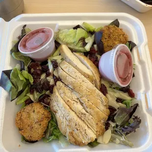 To-go version of goat cheese salad with grilled chicken