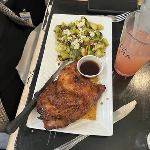 Half chicken with gingery-teriyaki sauce and side of brusseksprouts