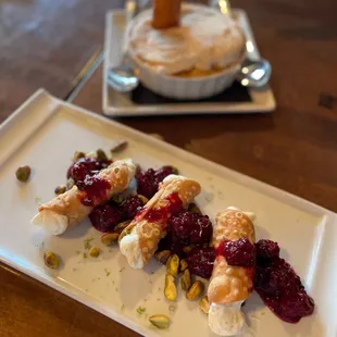 Pistachio cannolis and butterscotch budino