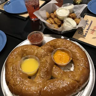 Giant pretzel and basket of jalapeño/corn bites