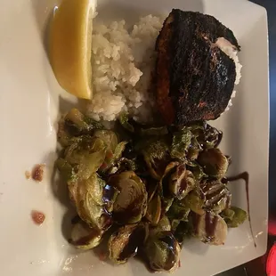 Blackened mahi with Brussel sprouts. Excellent!