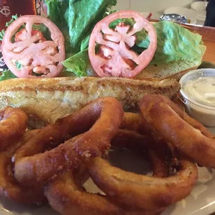 Walleye Sandwich with onion rings