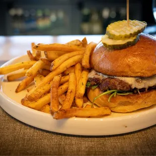 The Bridgewater Burger--wagyu, coal-roasted shallots, Gruyère, and roasted garlic aioli.