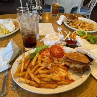 Patty melt the right photo and to the left is the fish and chips and in front is the beefy bbq burger which is delicious.