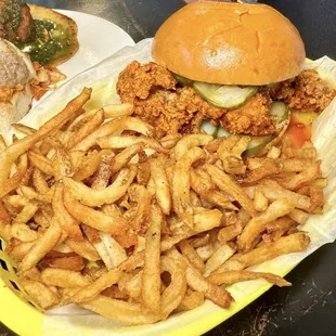 Nashville hot chicken sandwich with fries
