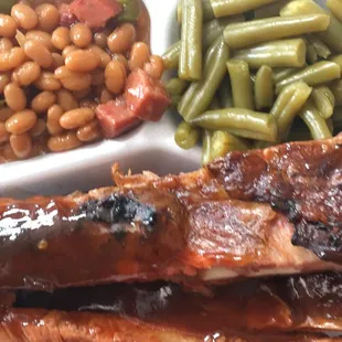 ribs, beans, and green beans