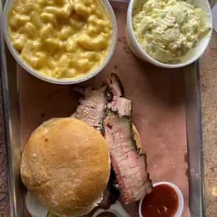 Brisket sandwich, potato salad, macaroni &amp; cheese