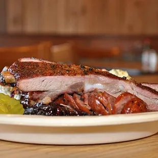 Brisket, Rib and Jalapeño Sausage Plate