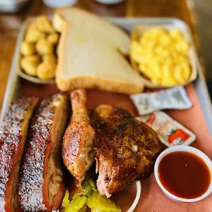 2 Meats Plate; Pork Ribs, Chicken, Fried Okra, and Mac &amp; Cheese