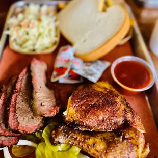 2 Meats Plate; bbq lean brisket, bbq chicken, Coleslaw, and French Fries