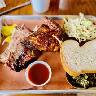 2 Meats Plate; Chicken, Brisket, Collard Greens, and Coleslaw