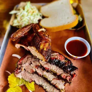 2 Meats Plate; Marble Cut Brisket, Chicken, Coleslaw, and Collard Greens with bbq sauce to die for!!!