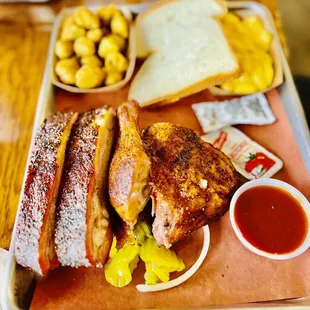 2 Meats Plate; Ribs, Chicken, Fried Okra, and Mac &amp; Cheese