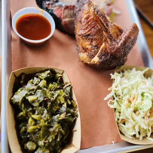 Collard Greens, Coleslaw, Brisket, and Chicken