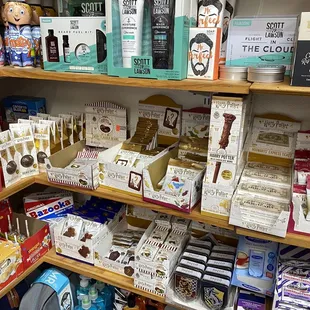 a shelf full of products