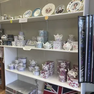Beautiful teapots, cups, and saucers