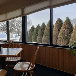 a view of the trees outside of a restaurant