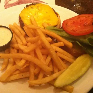 a plate of french fries and a burger