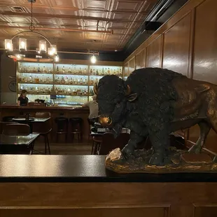 Buffalo trace buffalo statue. Bar in back. Big selection of bourbons from mid shelf to top shelf selection