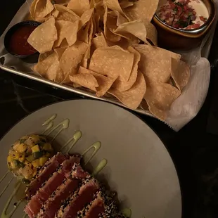 Chips and queso, sesame crusted ahi tuna (we loved both!)