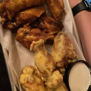 Traditional wings with maple bacon and bang bang sauces