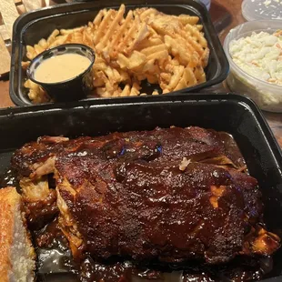 BBQ RIBS, CREAMY SLAW,WAFFLE FRIES AND A DELICIOUS CORN BREAD!!!!