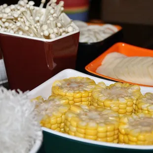 For Mushrooms we had the Enoki Mushrooms. For Vegetables we had Baby Bok Choy, Sweet Corn, Pumpkin and Potato. For Noodles -  Udon &amp; Rice.