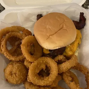 4th pound bacon cheeseburger with onion rings