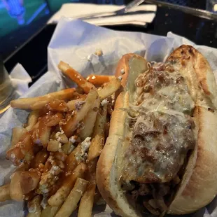 Beef Cheese Steak Sandwich with Buffalo Bleu Cheese Fries