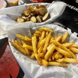 Pretzel Bites and Garlic Parmesan Fries